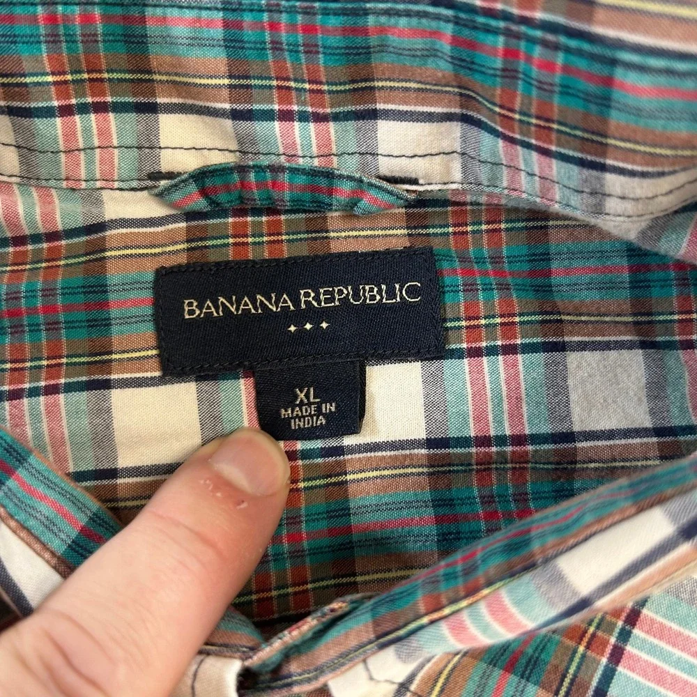 Banana Republic Button Up Shirt Mens XL Green Plaid Short‎ Sleeve Casual